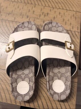 Coach Cream Double-Band Slide Sandals with Gold Buckles